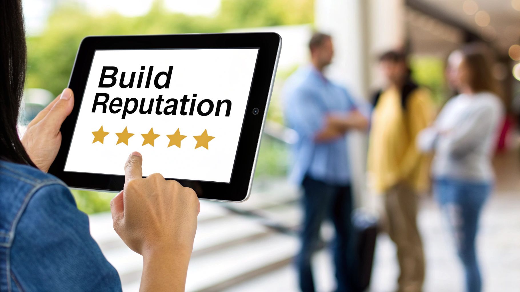 A hand holds a tablet displaying 'Build Reputation' with five golden stars, indicating a top rating.