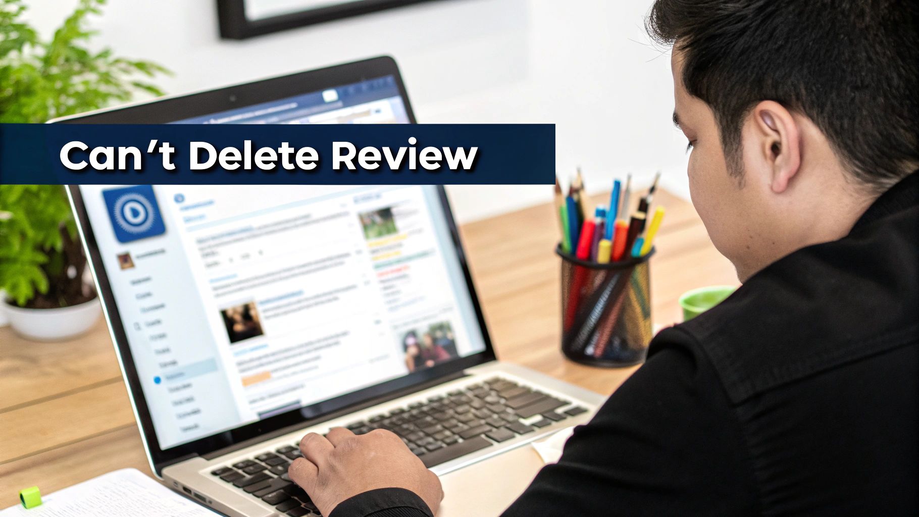 A person looking at a tablet screen displaying social media icons, representing the challenge of managing online reputation.