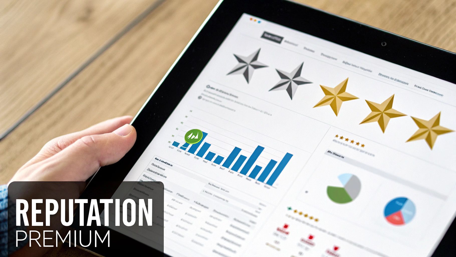 A hand holds a tablet displaying an online reputation management dashboard with star ratings, bar charts, and pie charts.
