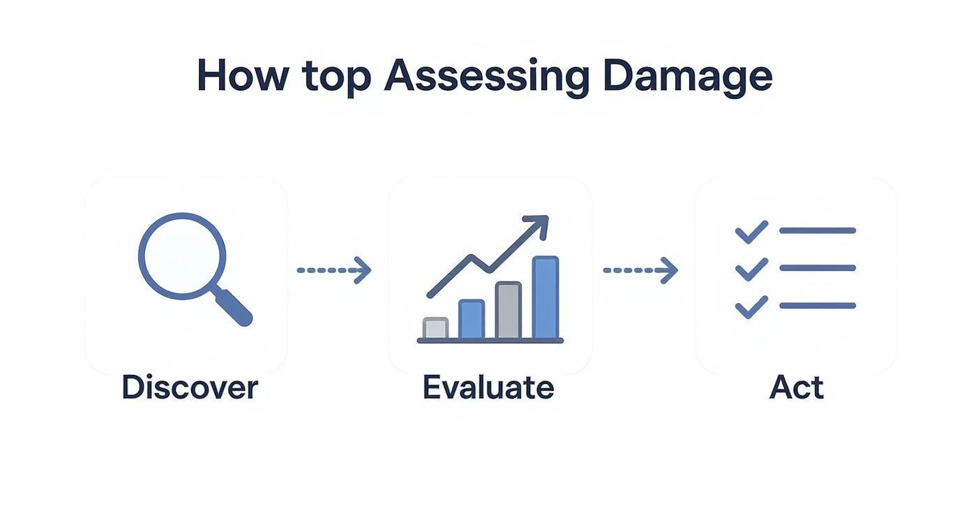Visual process for damage assessment: Discover with magnifying glass, Evaluate with a graph, and Act with a checklist.