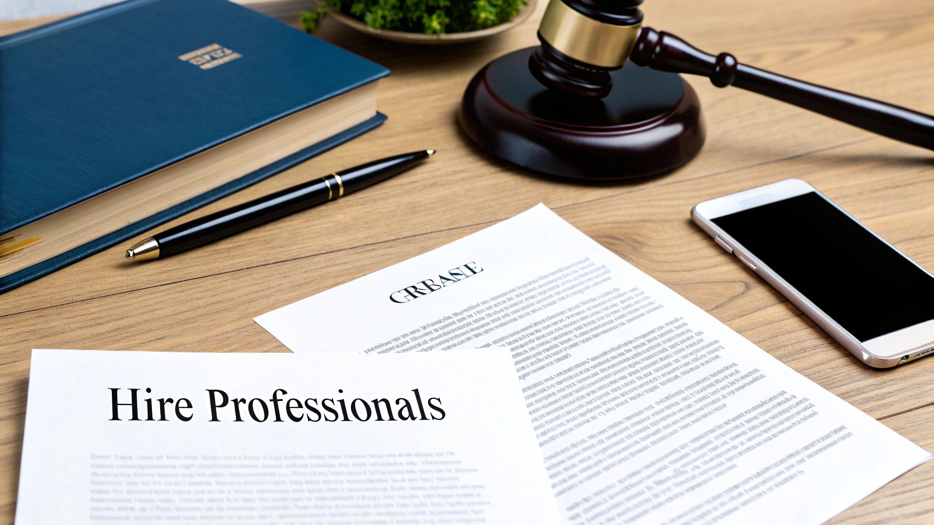 A wooden desk with legal items, including a gavel, law book, pen, smartphone, and papers saying 'Hire Professionals'.
