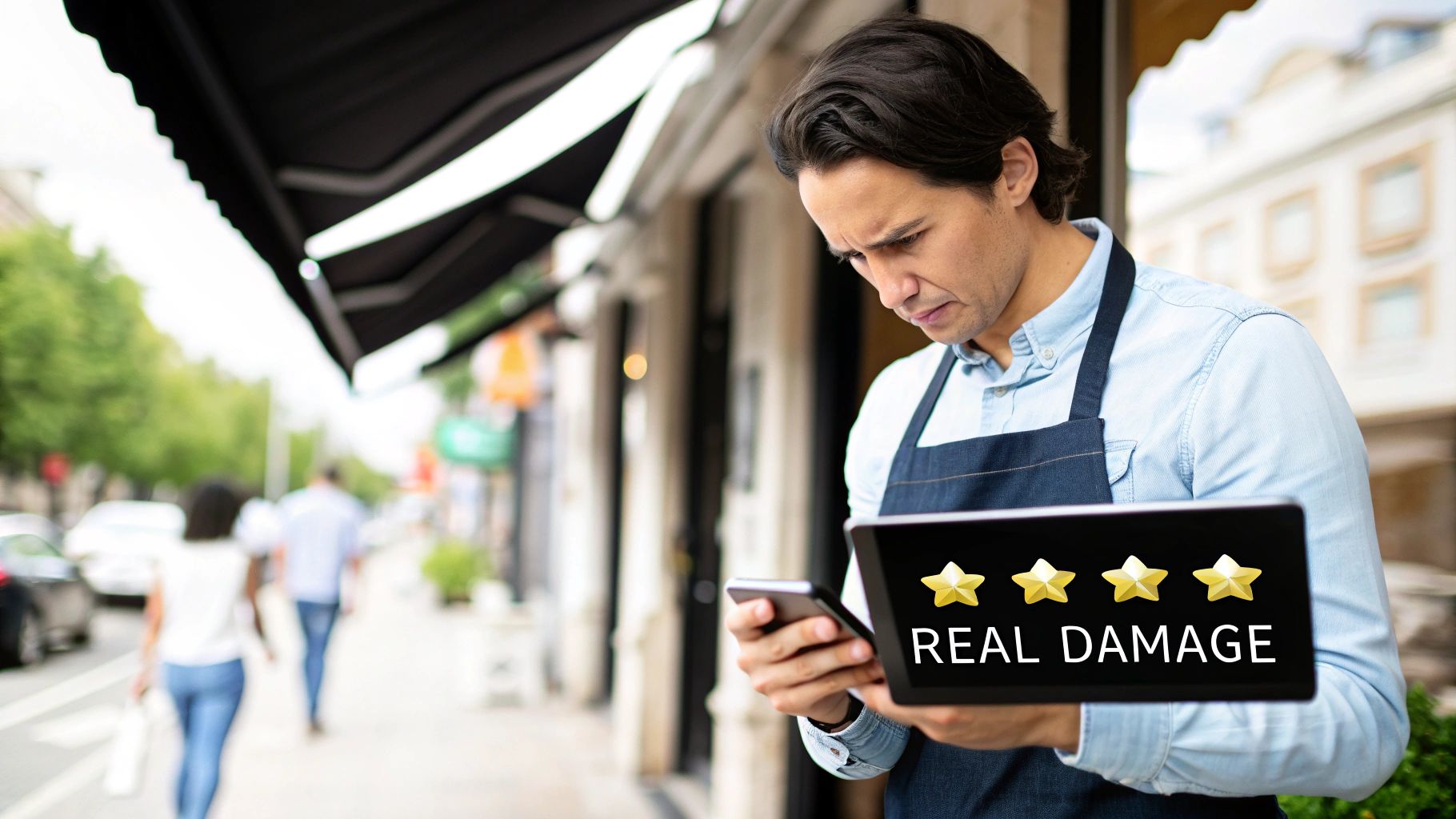 A stressed shop owner reads negative online reviews with "REAL DAMAGE" text on a tablet.