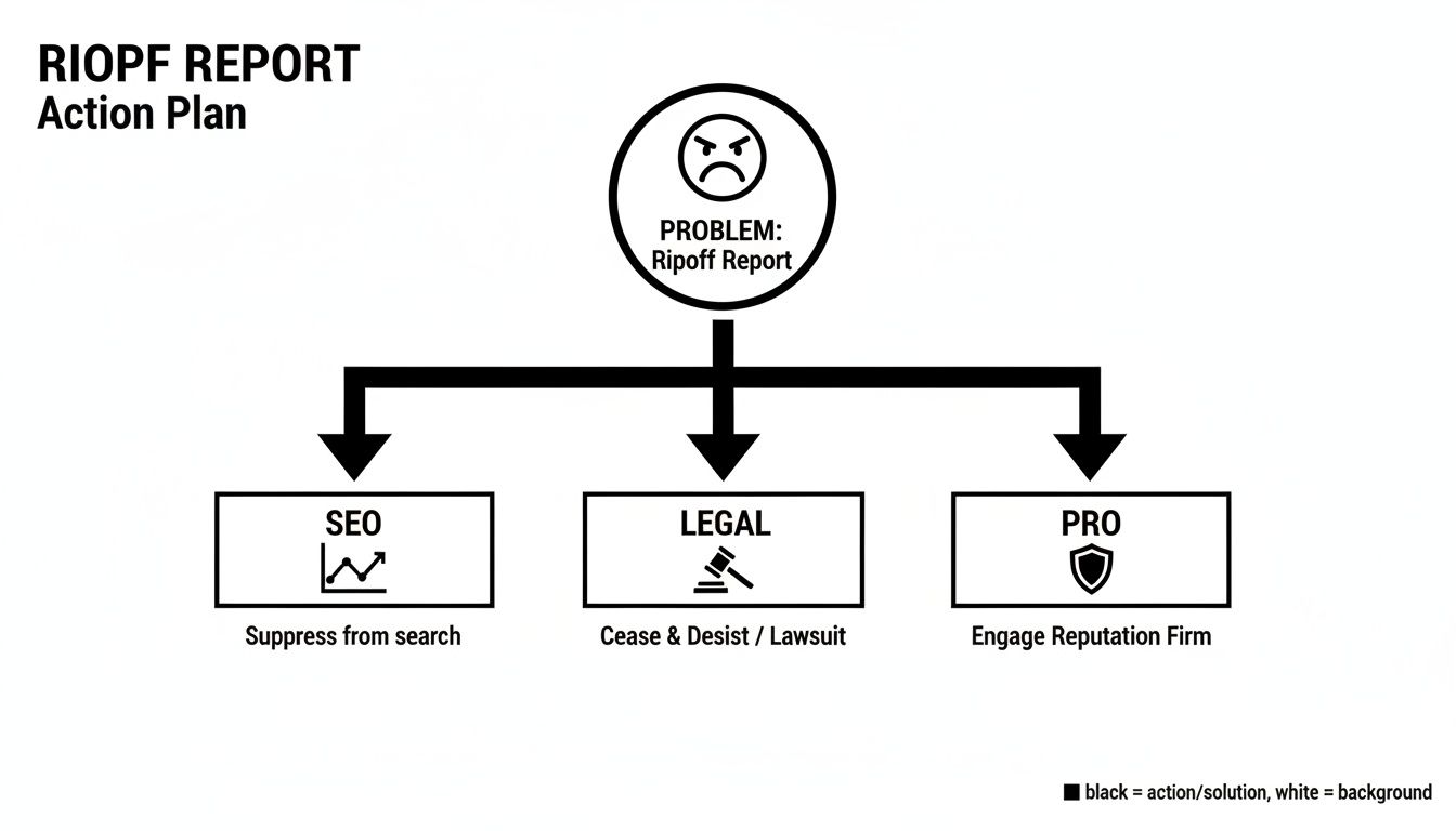 Flowchart outlining an action plan to address a Ripoff Report using SEO, legal, and reputation management.