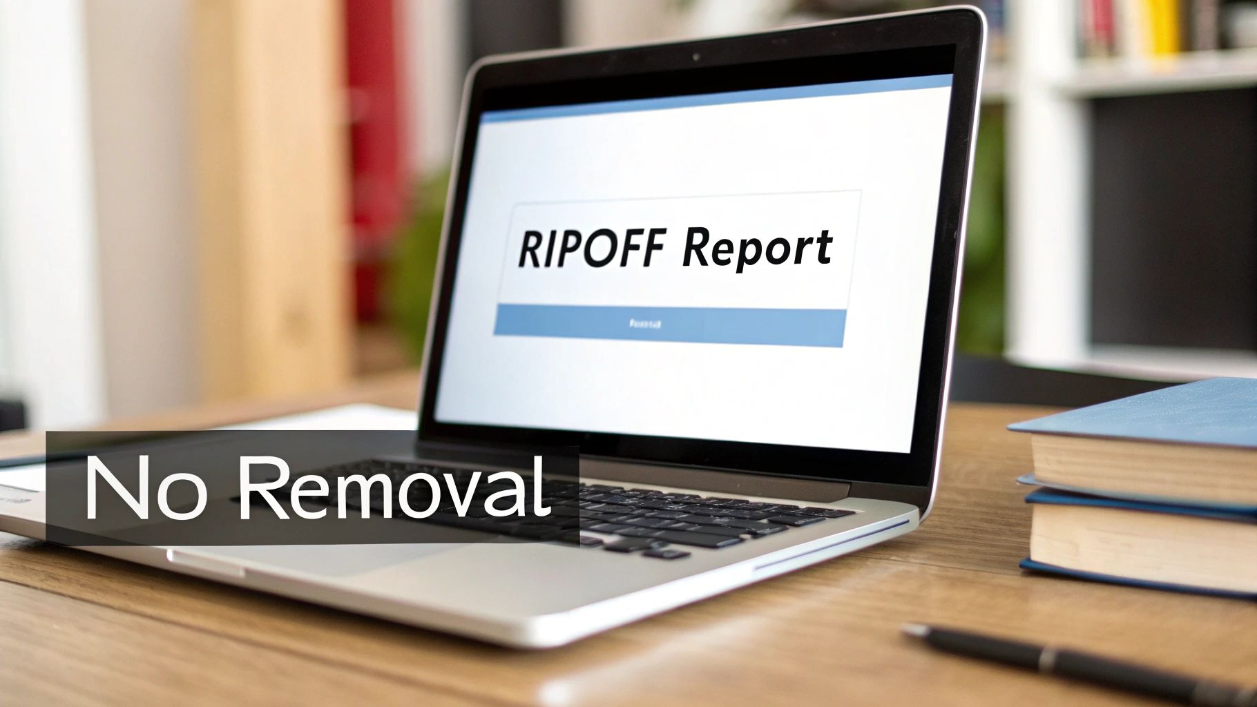 A laptop screen showing 'RIPOFF Report' and a prominent 'No Removal' text overlay on a desk.
