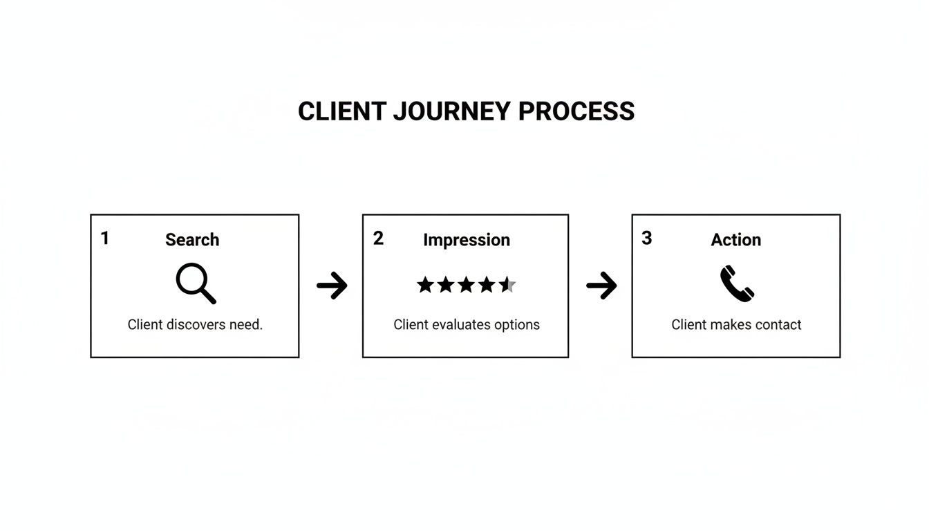 A diagram outlining the client journey process with three key steps: Search, Impression, and Action.