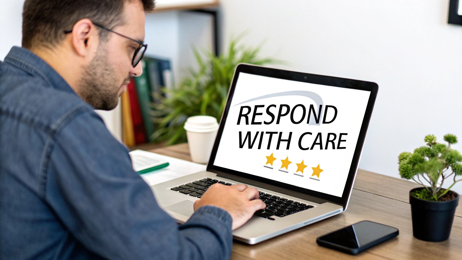 A man typing on a laptop displaying 'RESPOND WITH CARE' and three stars.