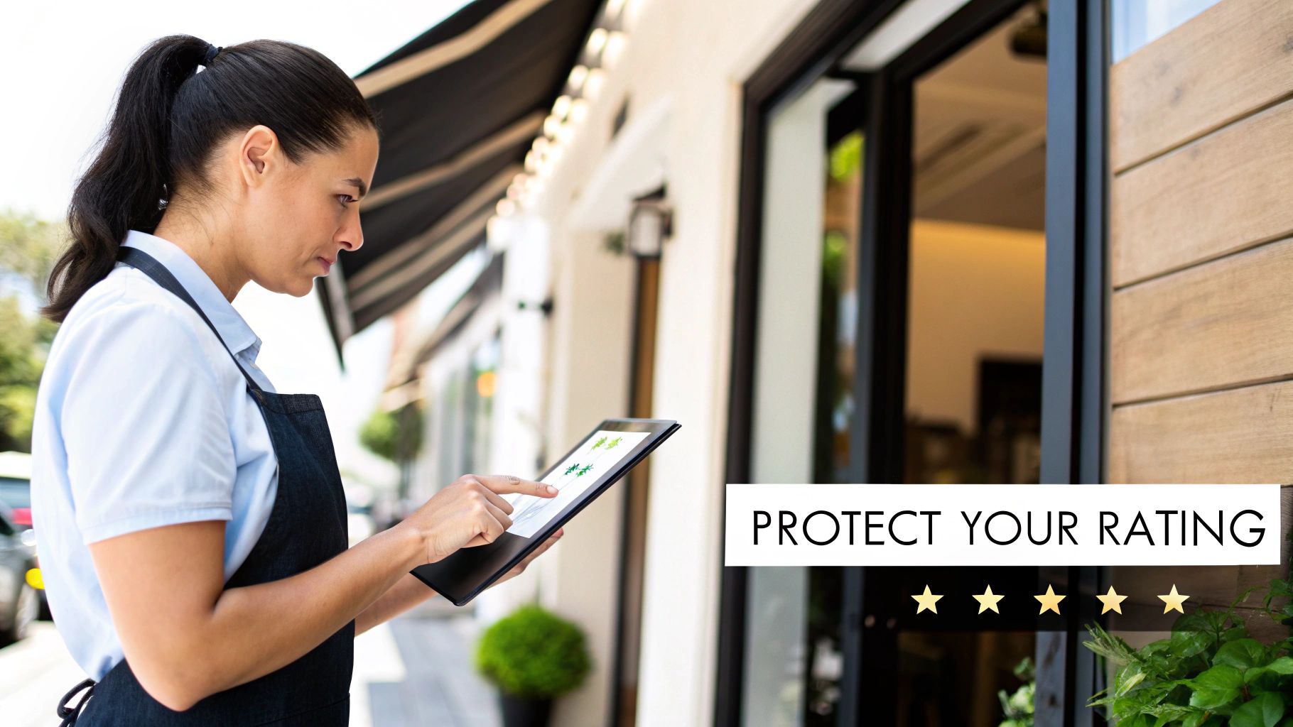 A woman in an apron uses a tablet outside a business with a "PROTECT YOUR RATING" banner and five stars.