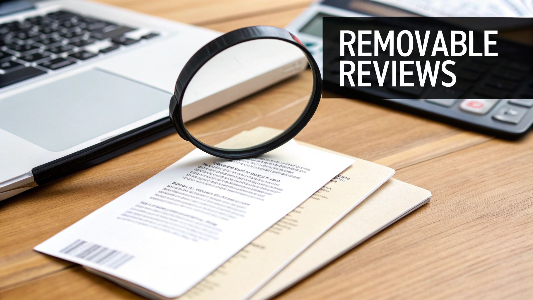A magnifying glass rests on documents next to a laptop and calculator, with 'REMOVABLE REVIEWS' text overlay.