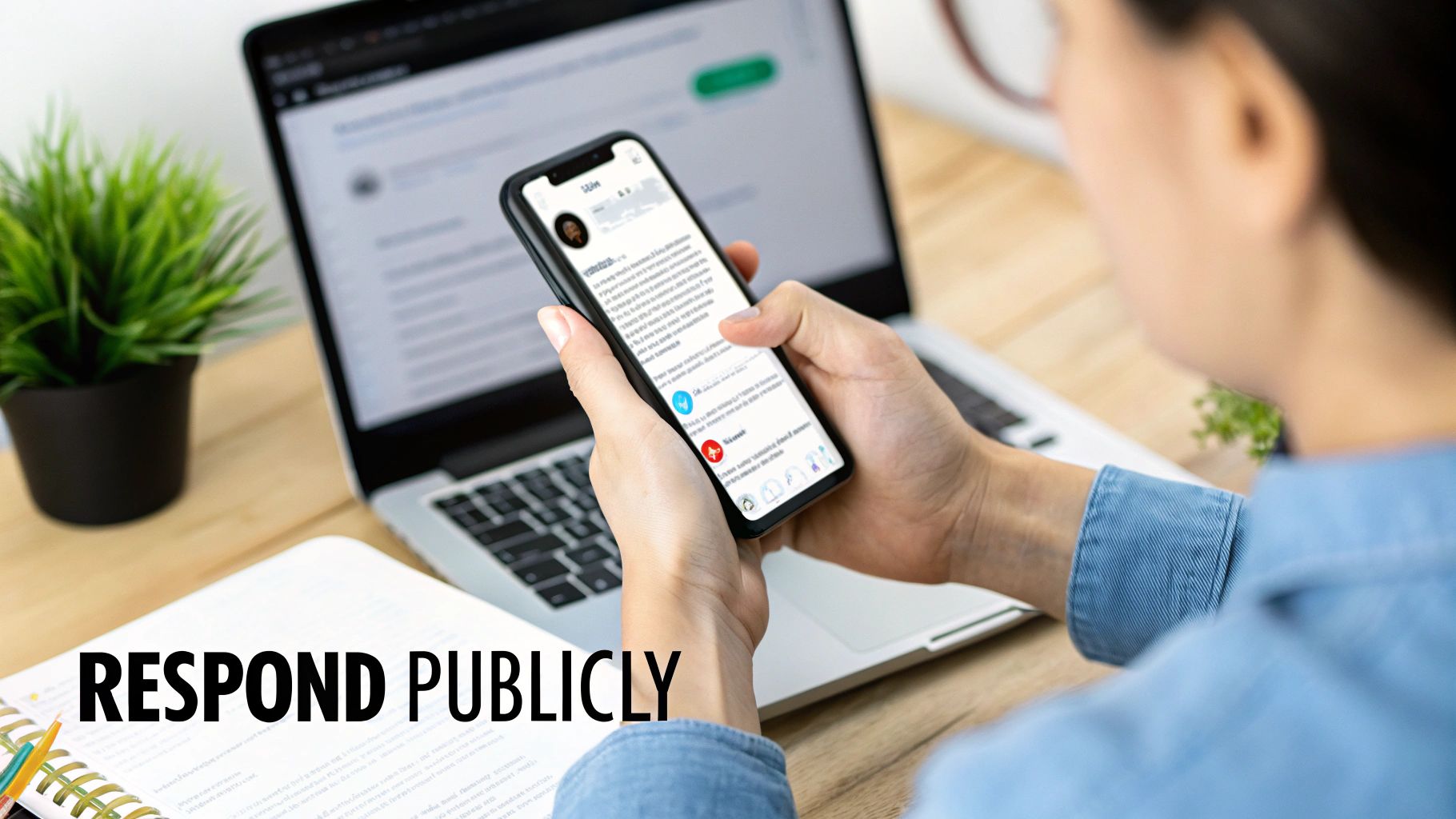 Person using a smartphone and laptop to respond publicly to online content or reviews.