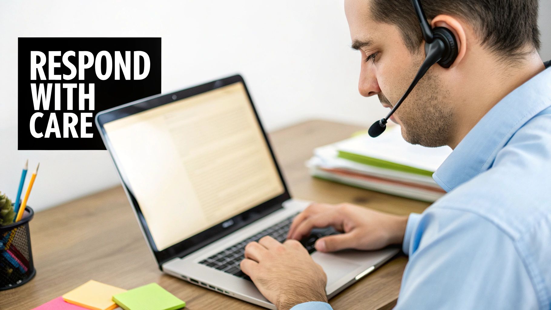 A customer service representative wearing a headset types on a laptop, with 'RESPOND WITH CARE' displayed.