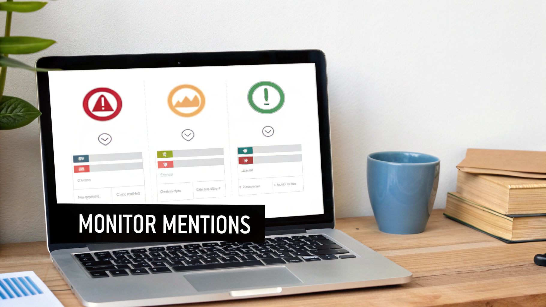 A laptop screen displays a social media monitoring dashboard with various data and icons, including a warning sign.