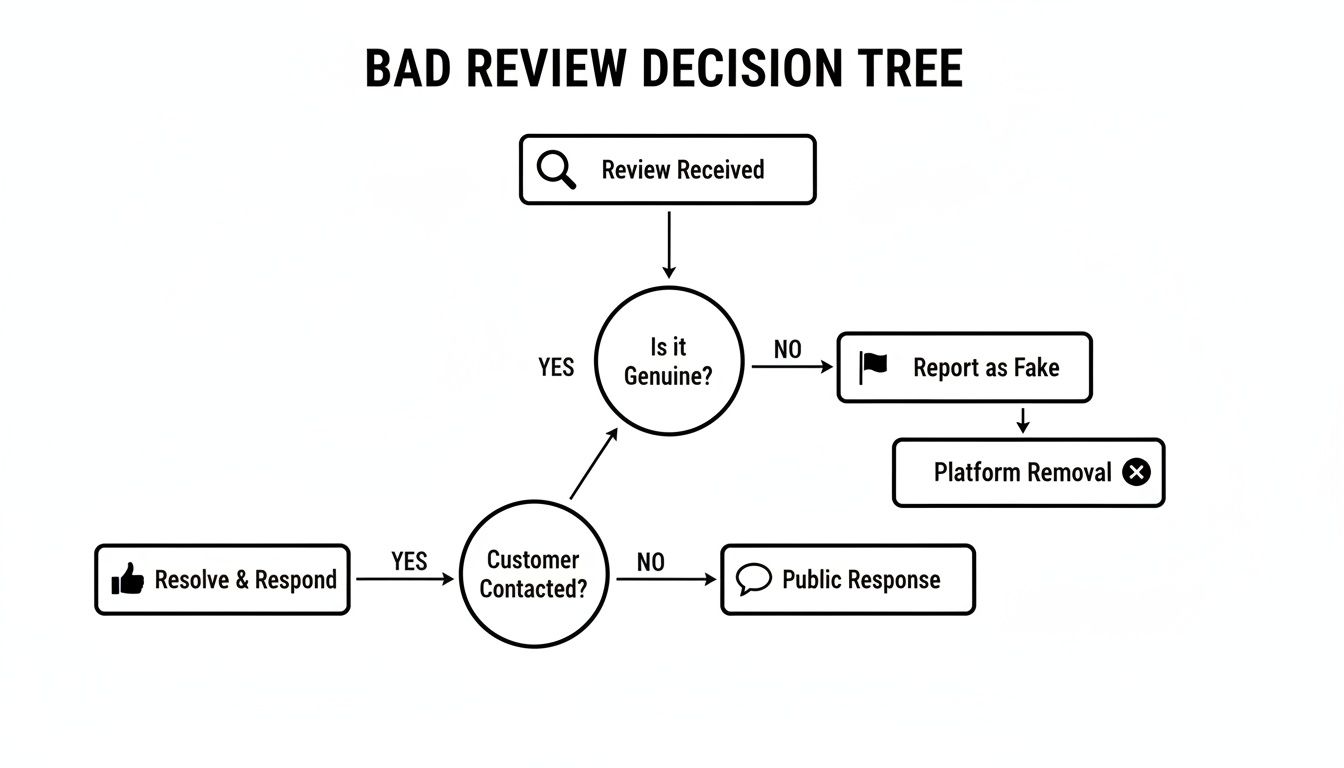 A flowchart outlining a bad review decision tree, guiding actions from review reception to resolution or removal.