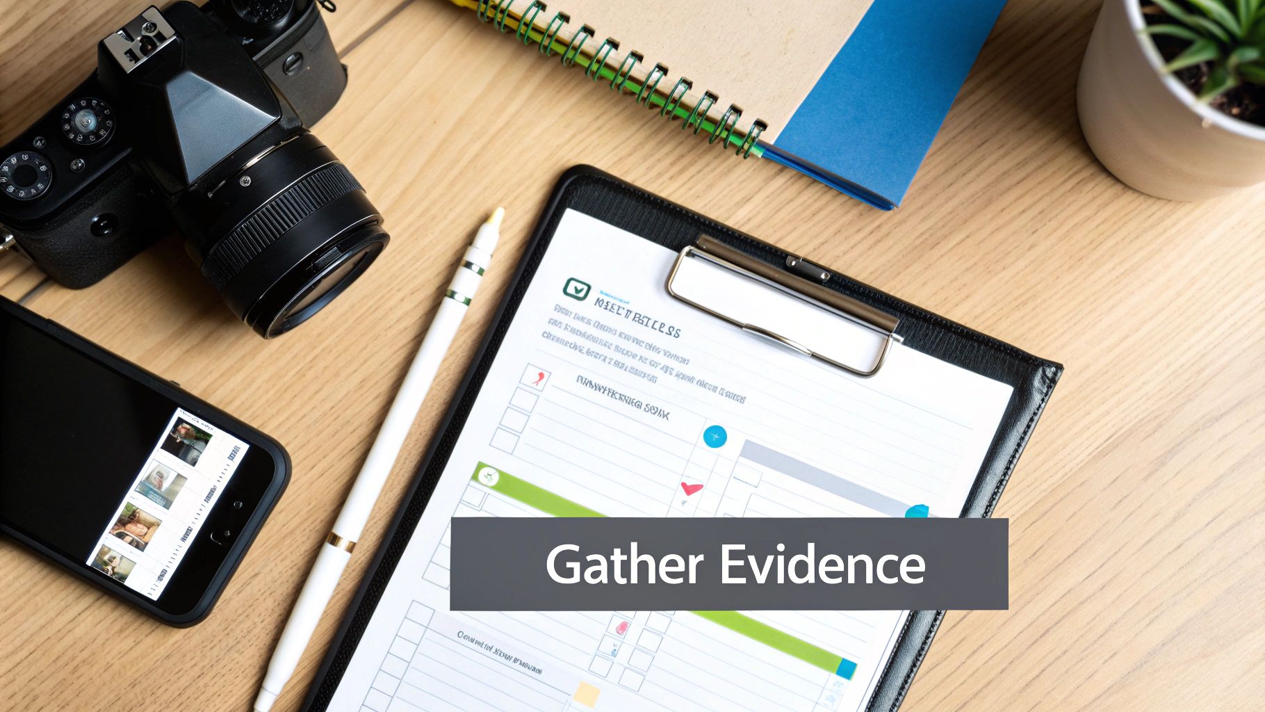 A desk with a camera, smartphone, clipboard, and 'Gather Evidence' text overlay, suggesting investigation.
