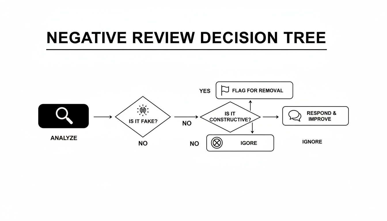 Flowchart illustrating a negative review decision tree for businesses, guiding on how to analyze and respond.