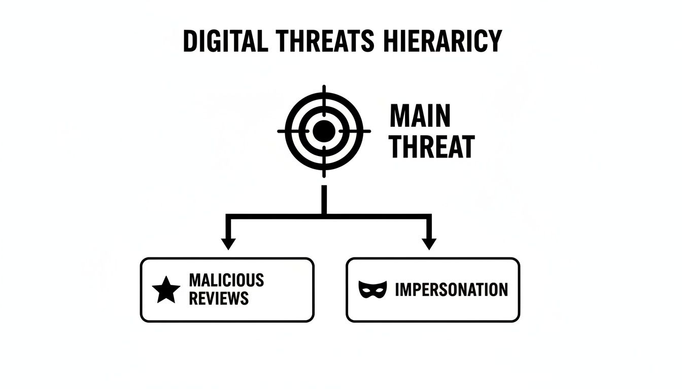 A hierarchy diagram illustrating digital threats, with the main threat branching into malicious reviews and impersonation.