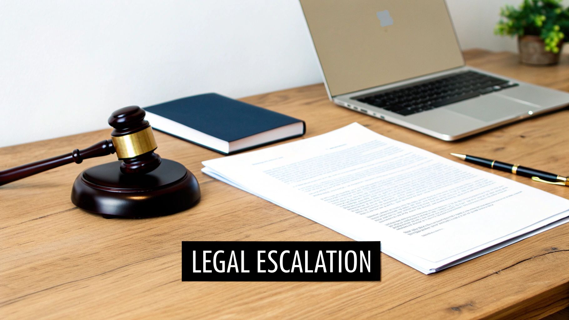 A judge's gavel, legal documents, a pen, a book, and a laptop on a wooden desk.