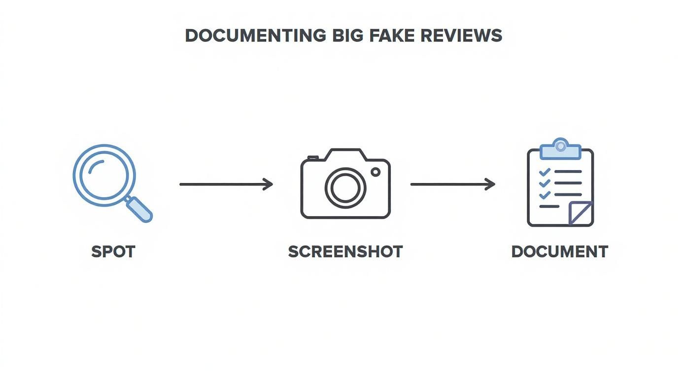 Infographic showing the process flow of spotting, screenshotting, and documenting a fake review.