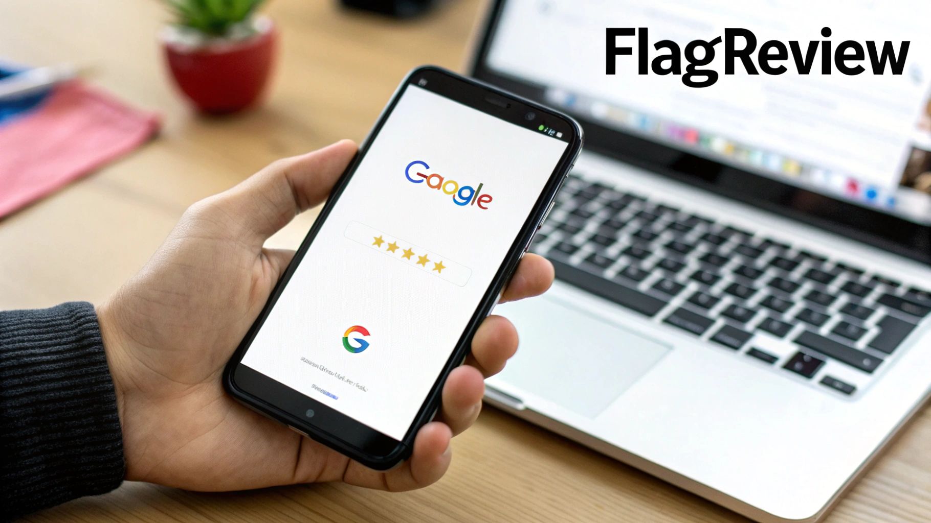 Hand holding a smartphone displaying Google review page with five gold stars next to a laptop.