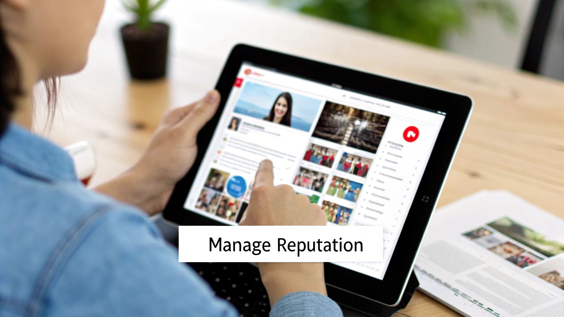 A person uses a tablet to manage their online profile and digital reputation, with text overlay.
