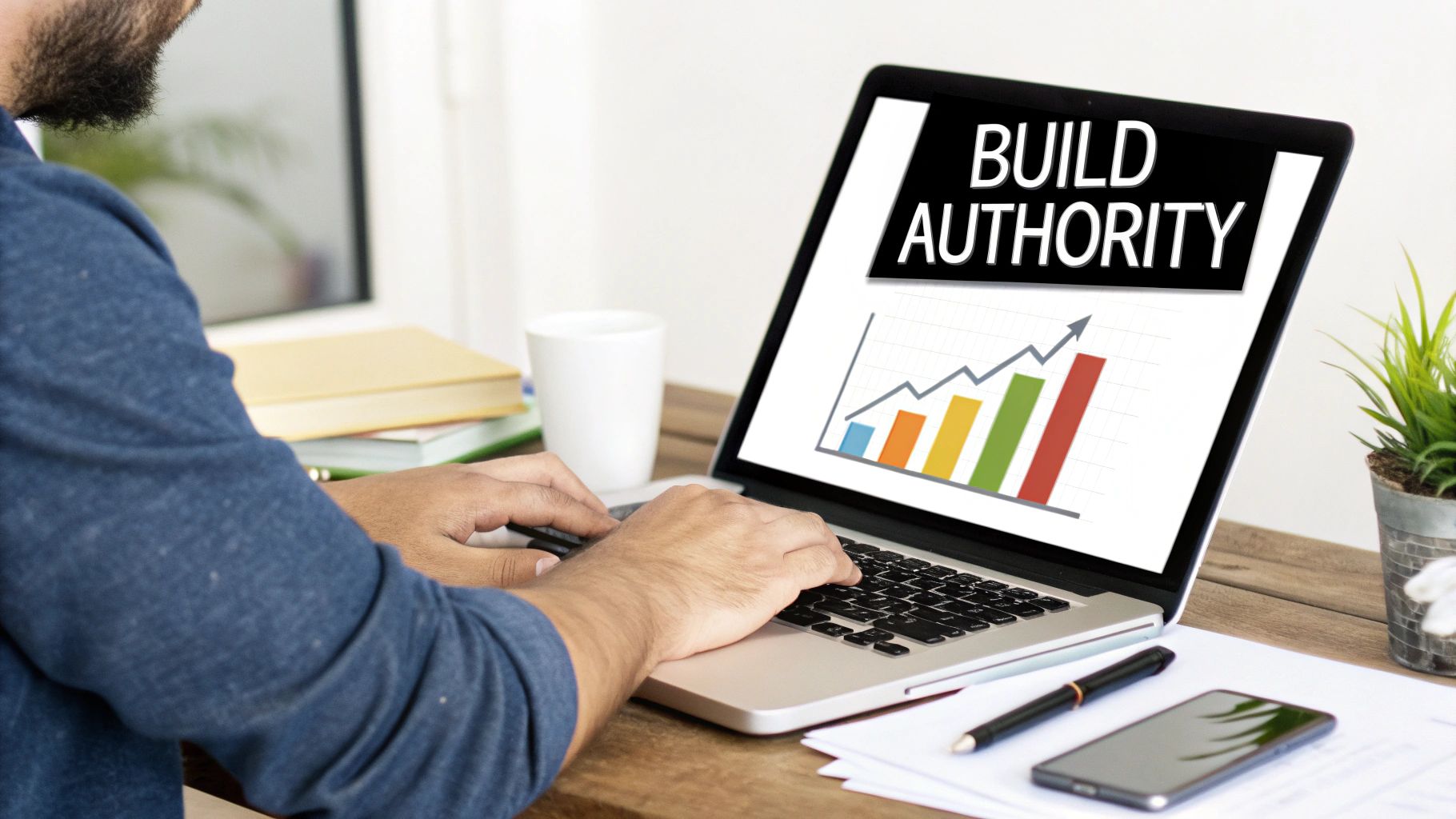 Professional working on laptop displaying build authority chart with colorful growth bars and upward trend arrow