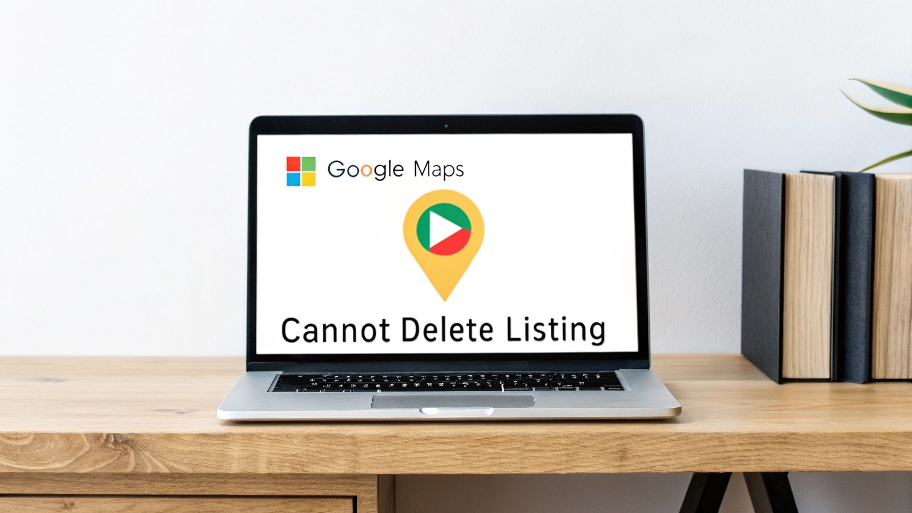 A laptop on a wooden desk displays Google Maps 'Cannot Delete Listing' error message.