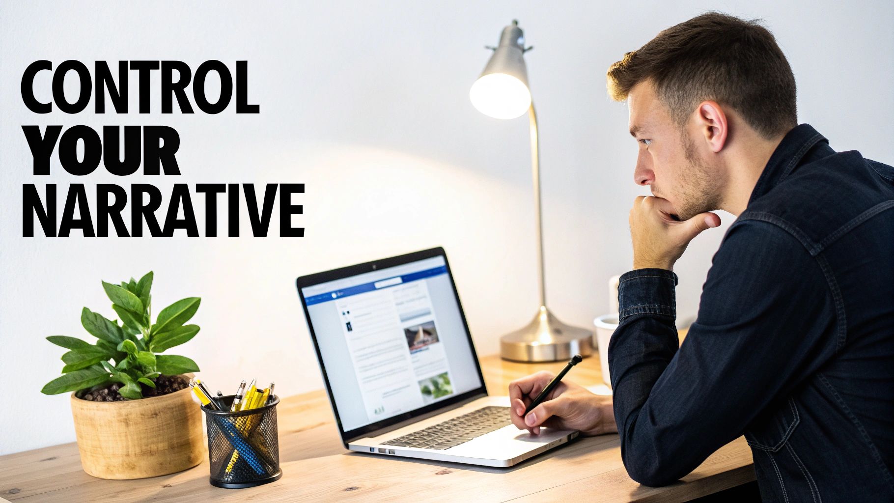 Man using a laptop, contemplating content, with 'CONTROL YOUR NARRATIVE' text on the wall.