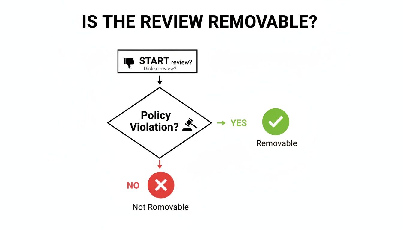 A flowchart titled 'Is the review removable?' illustrating steps for review removal based on policy violation.