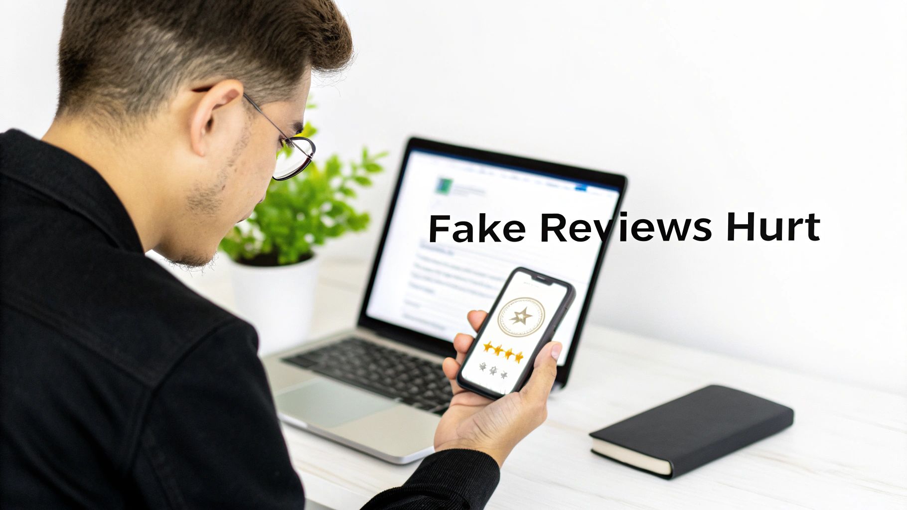 A person views a laptop and smartphone displaying review ratings, emphasizing that fake reviews hurt businesses.