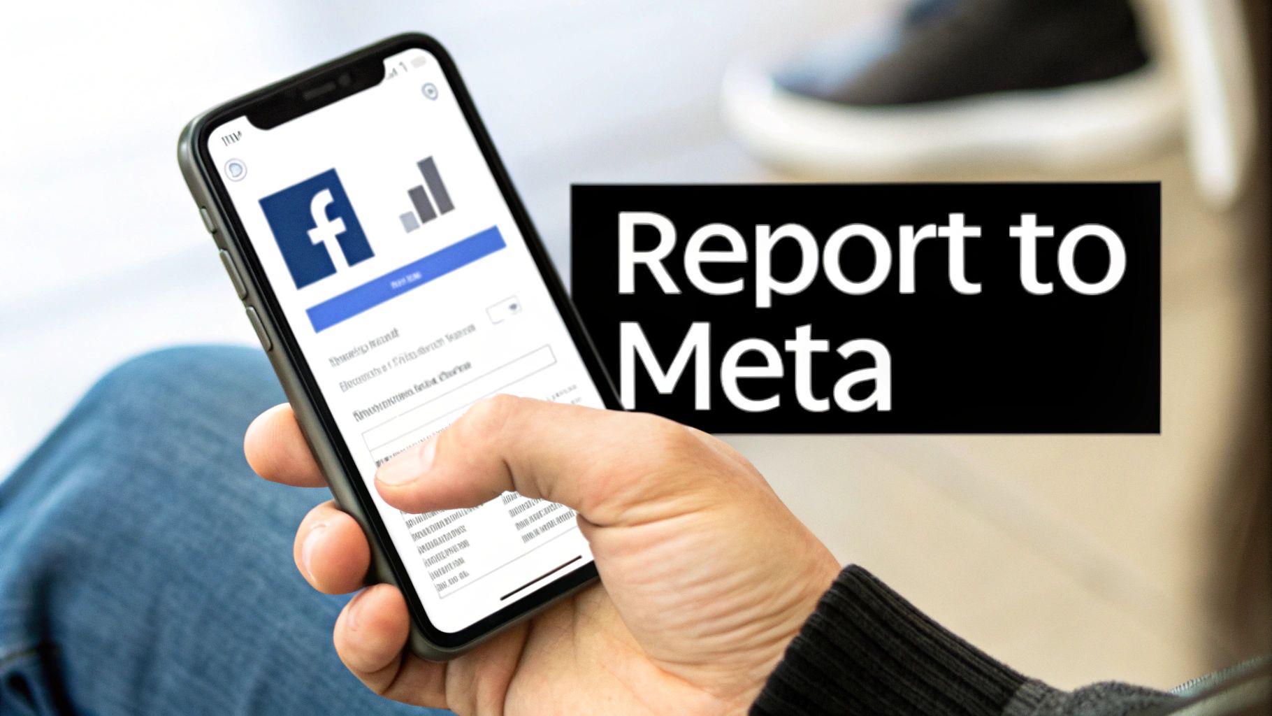 A person holding a smartphone with the Facebook app open and 'Report to Meta' text.