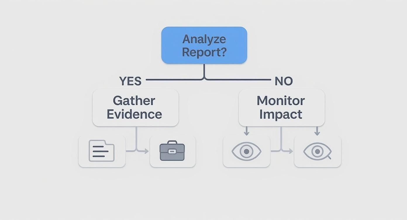 Decision flowchart: 'Analyze Report?'. Yes: 'Gather Evidence' with document and briefcase icons. No: 'Monitor Impact' with eye icons.