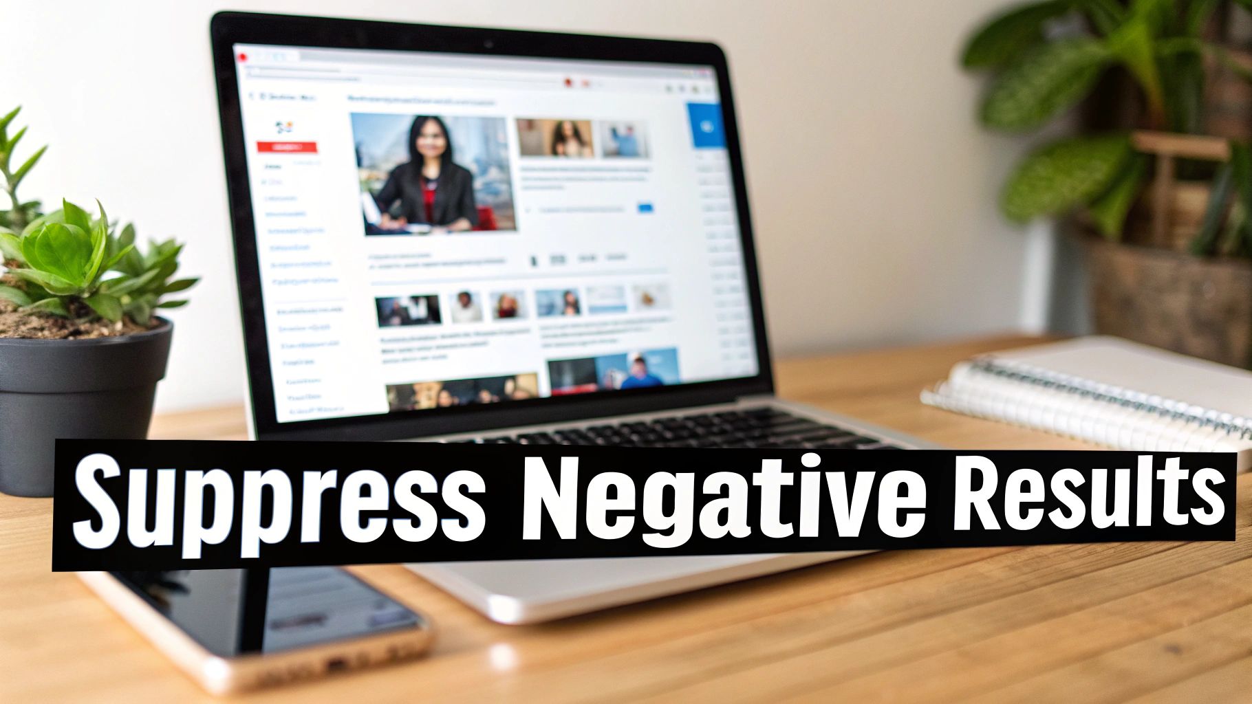 A desk with a laptop displaying profiles, a smartphone, and a plant, with 'Suppress Negative Results' text overlay.