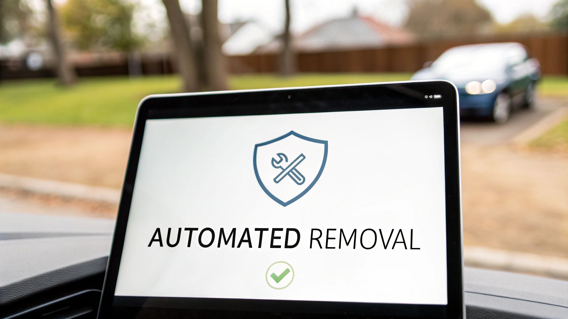 A robotic hand holding a digital shield, symbolizing automated protection of personal data.