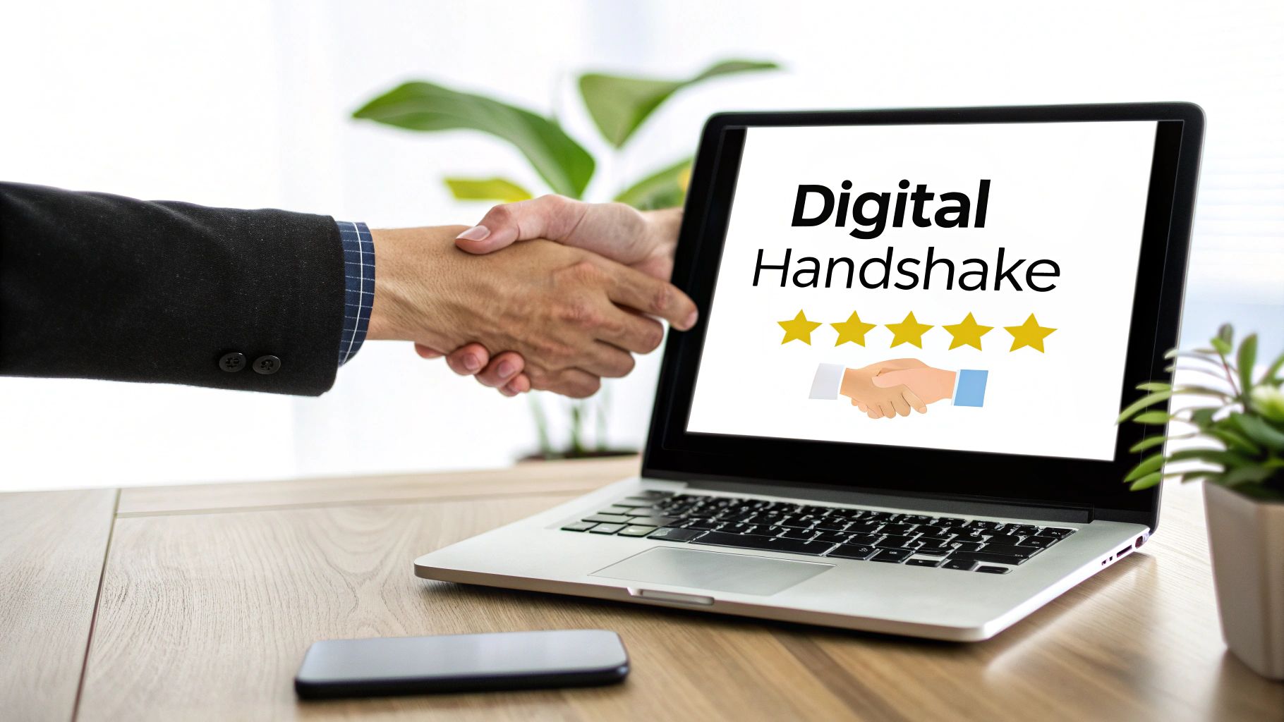 Professional handshake over a laptop screen illustrating 'Digital Handshake' and a five-star review.
