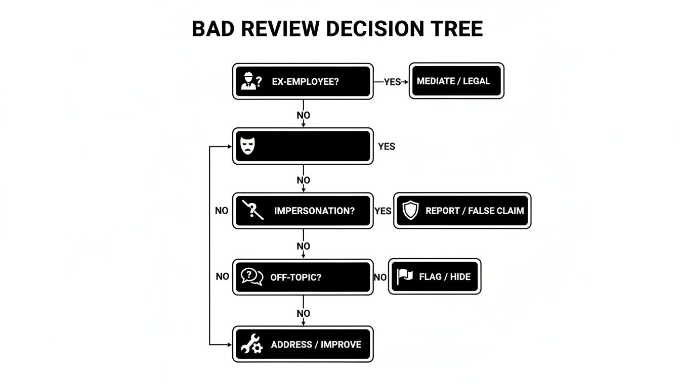 A decision tree flowchart outlines steps to process various types of bad online reviews.