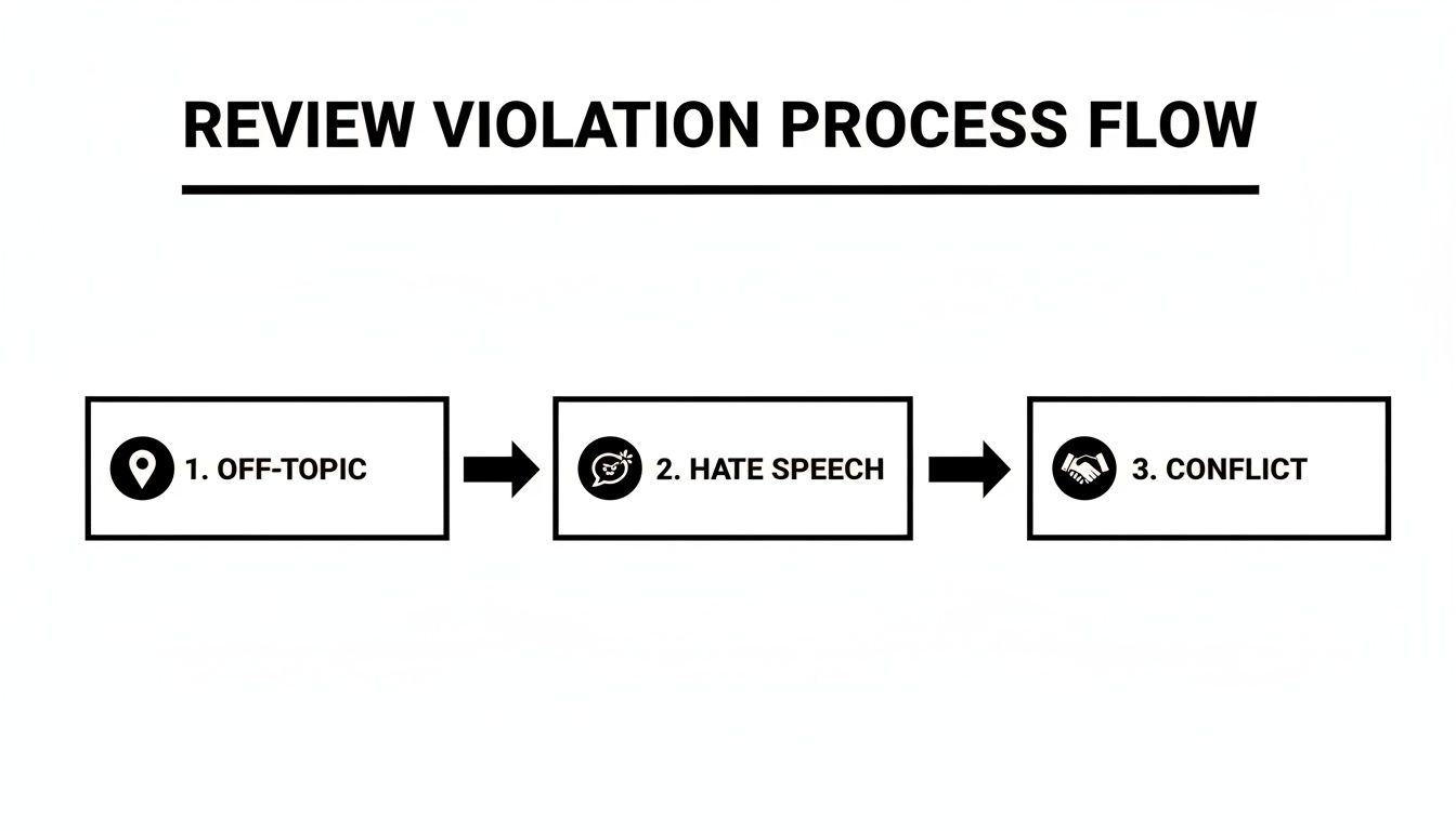 A process flow diagram outlines review violation steps: Off-Topic, Hate Speech, and Conflict.