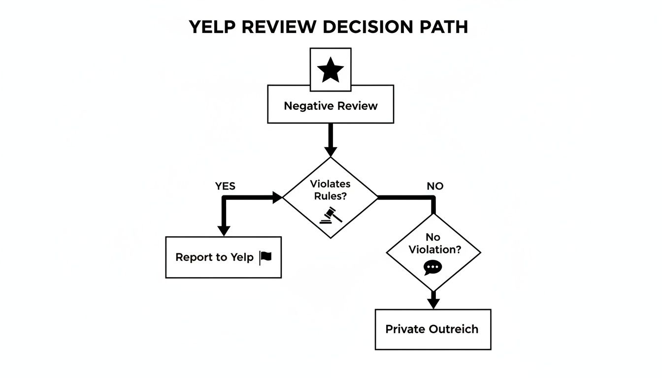 Flowchart outlining the decision path for handling negative Yelp reviews: report violation or private outreach.
