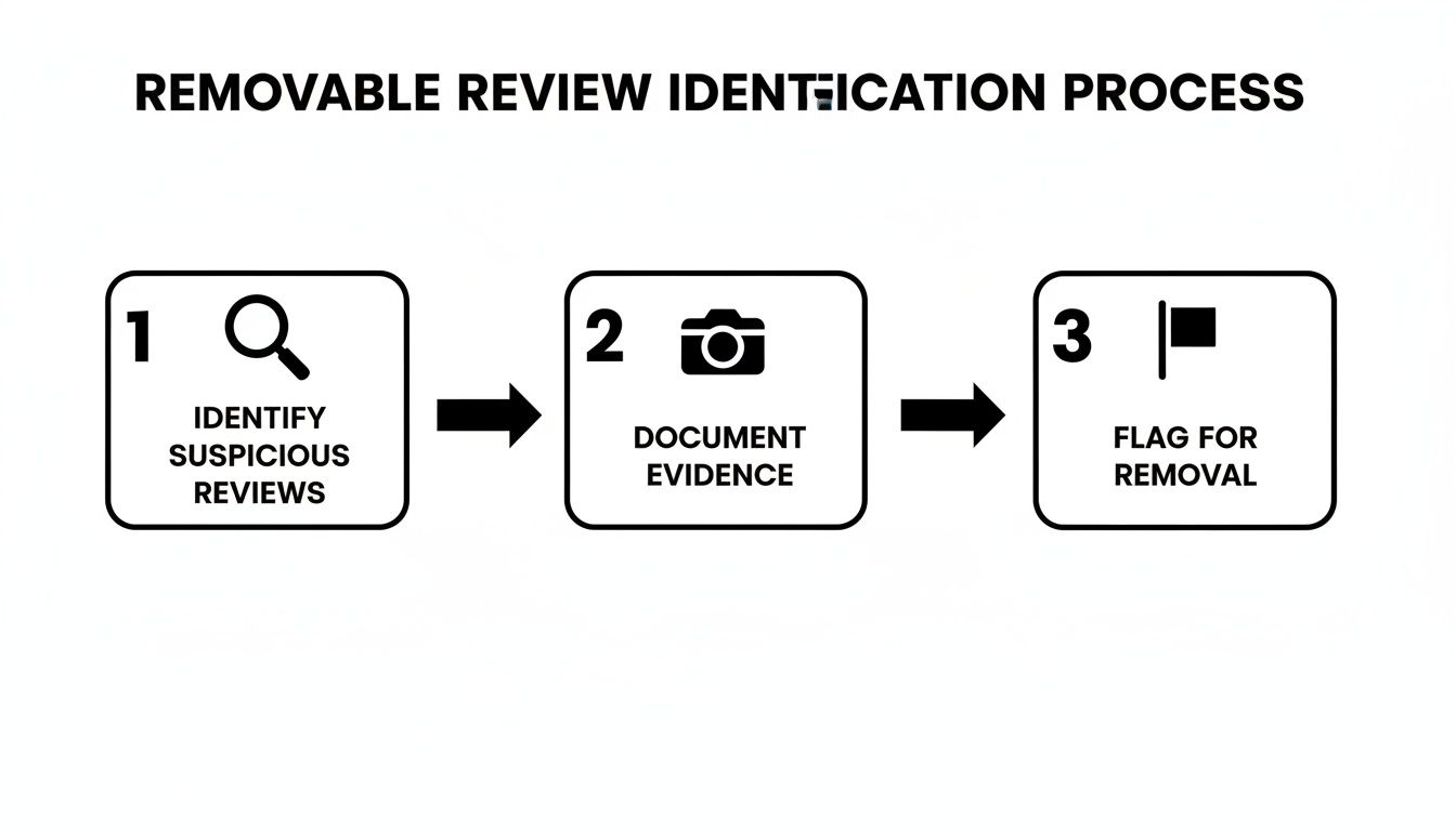 A three-step process for identifying suspicious reviews, documenting evidence, and flagging them for removal.
