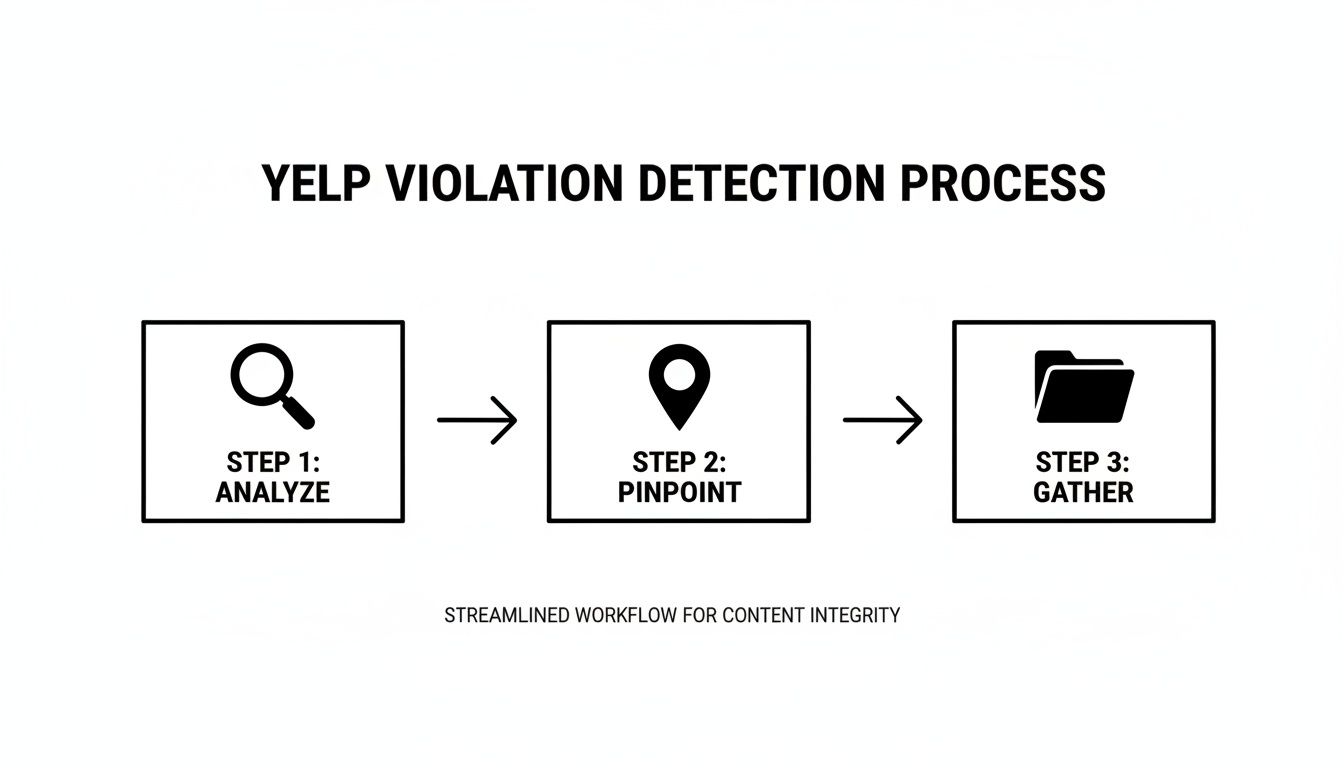 Flowchart illustrating Yelp violation detection process with three steps: analyze, pinpoint, and gather.