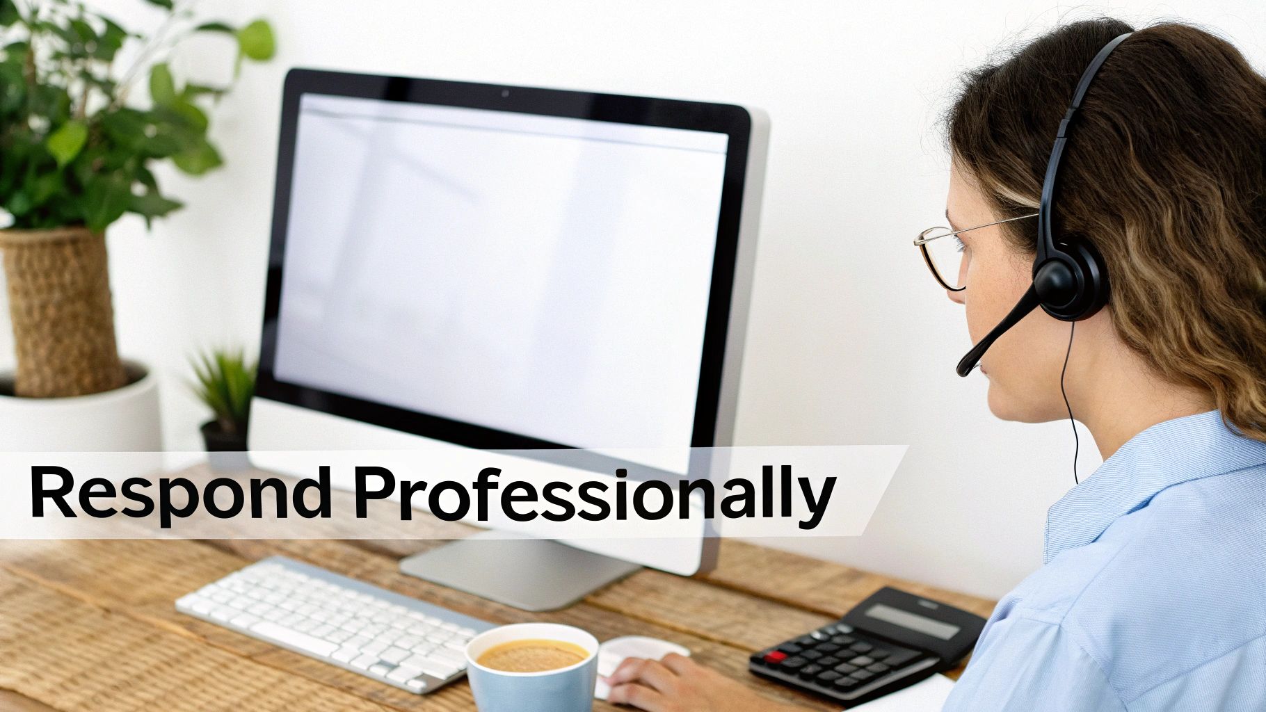A woman in a headset works professionally at a computer, ready to assist customers.
