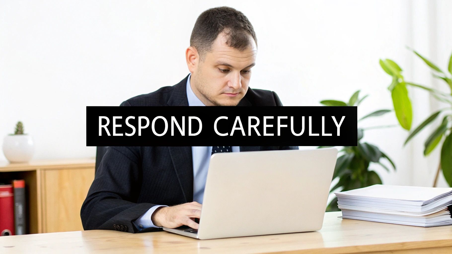 Businessman diligently typing on a laptop in an office, with text 'RESPOND CAREFULLY' overlaid.