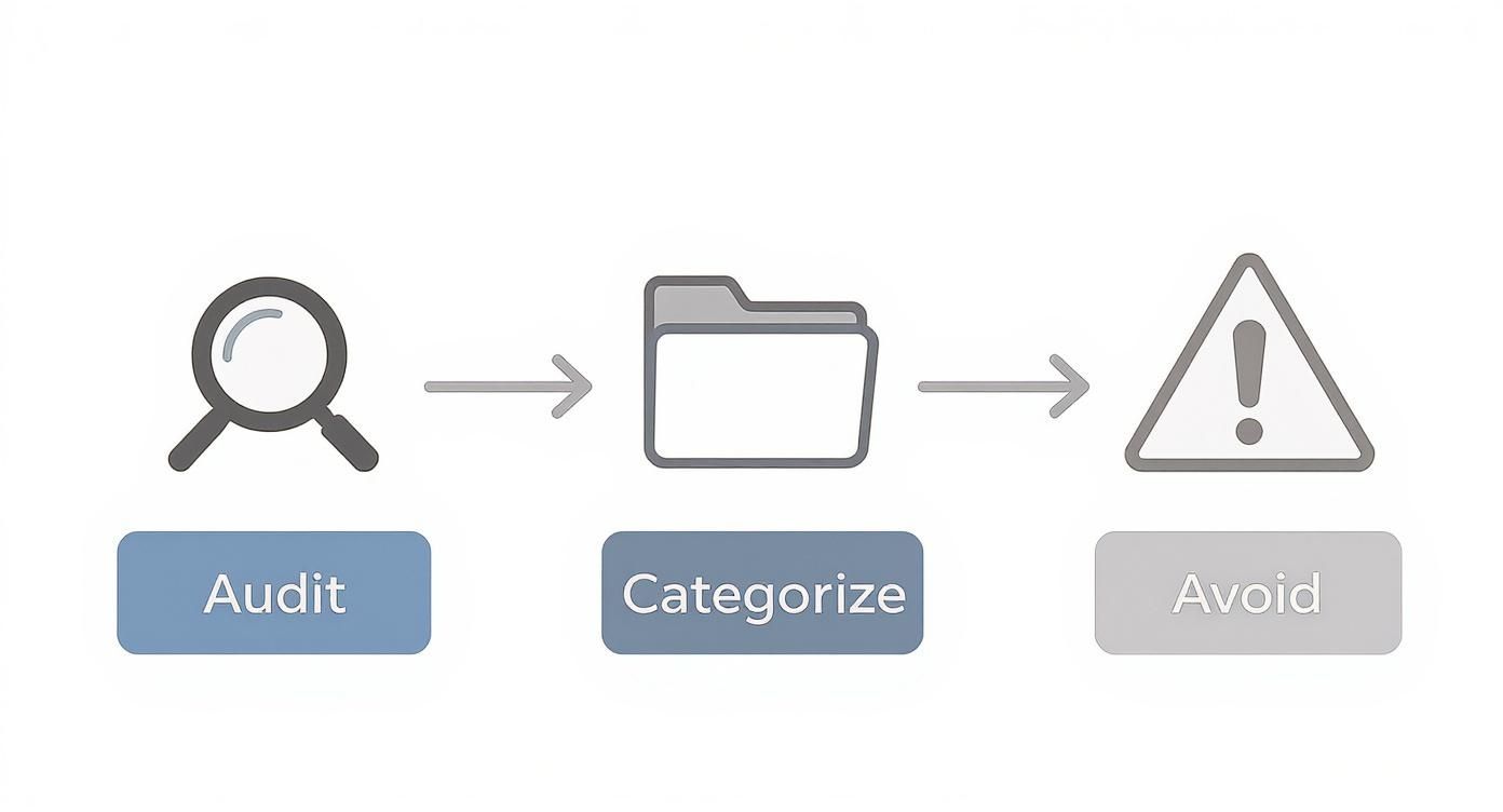 Three-step process diagram showing audit, categorize, and avoid steps for managing online reputation and search results