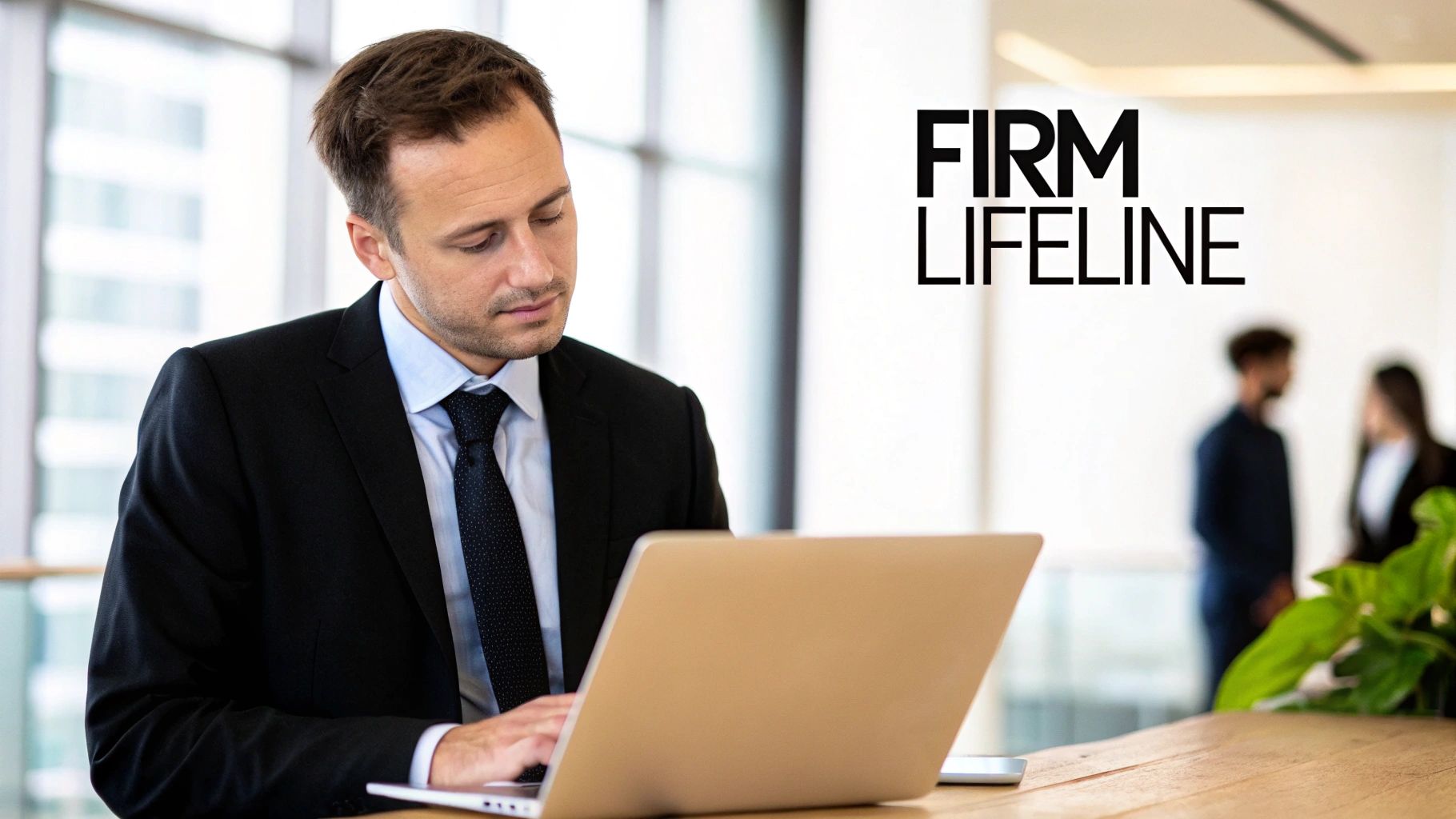 Professional lawyer in business suit working on laptop computer in modern office environment