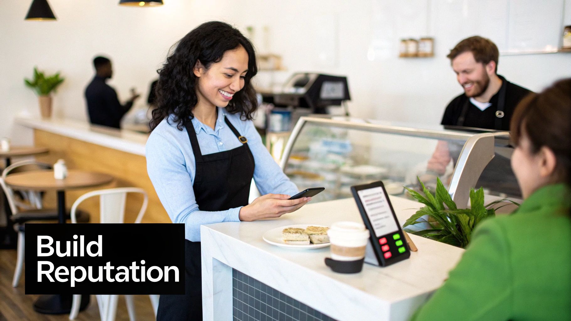 Smiling barista at a cafe counter uses a smartphone, next to a customer feedback device.