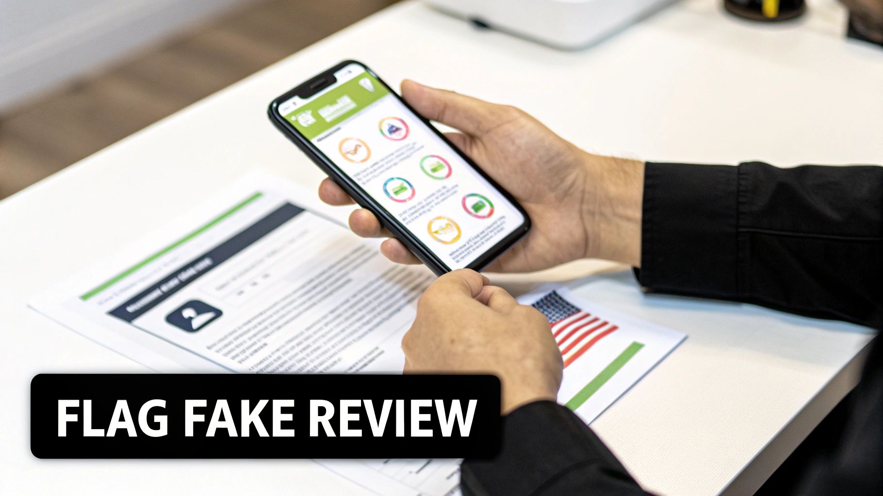 Hands holding a smartphone displaying a review app over documents, with text 'FLAG FAKE REVIEW'.