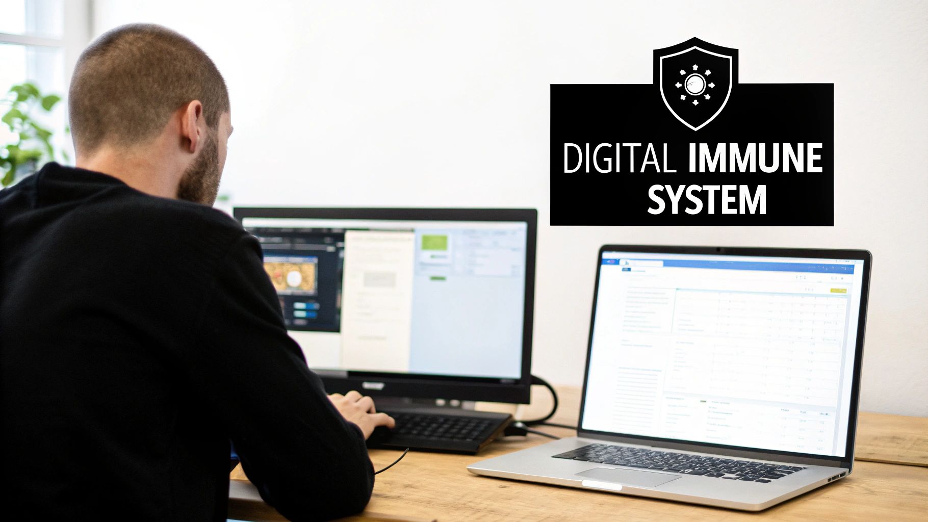 A shield icon protecting a brand logo from digital threats.