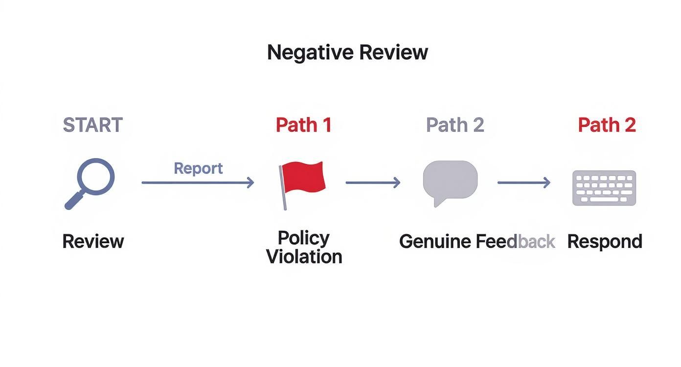 Flowchart illustrating two paths for handling a negative review: reporting policy violations or responding to genuine feedback.