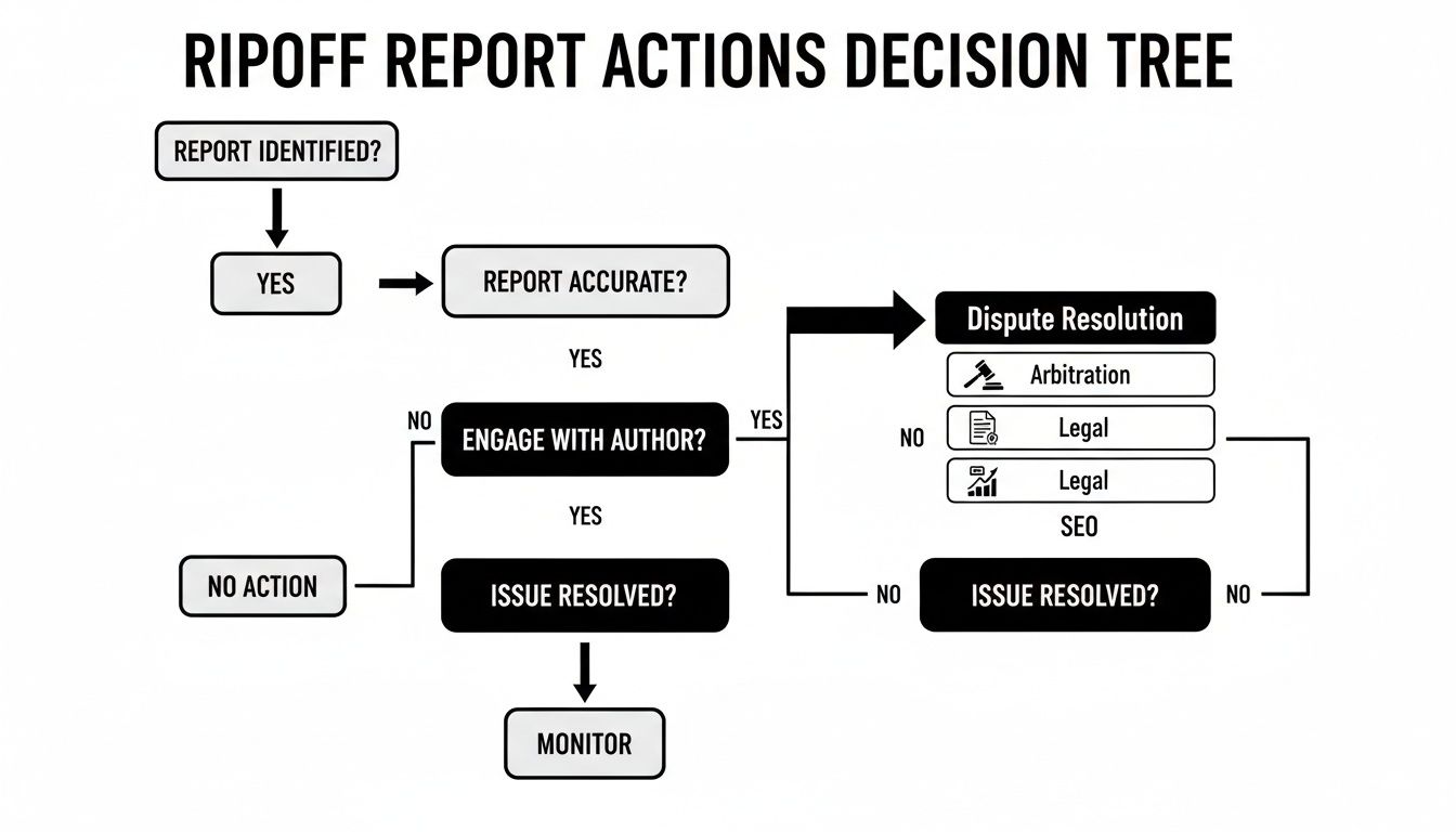 Decision tree outlining steps to address Ripoff Report actions, from identification to resolution or monitoring.