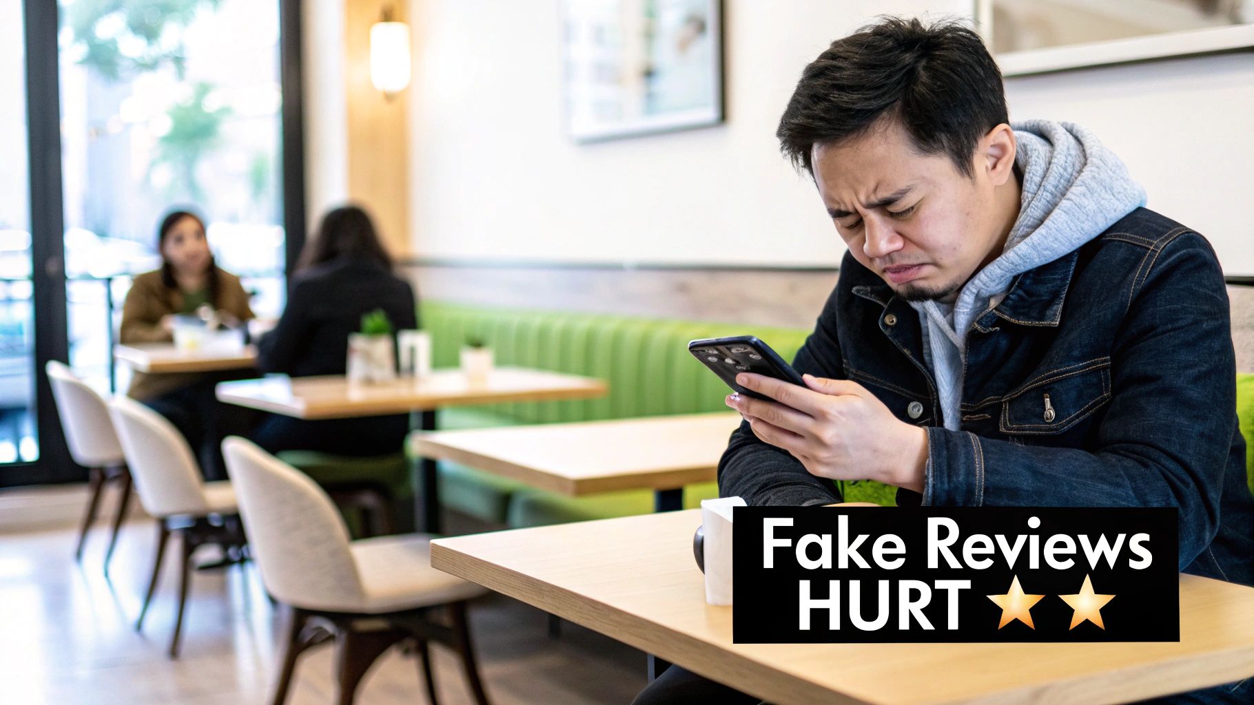 A person looking at their phone with a concerned expression, representing the stress of a fake Google review.