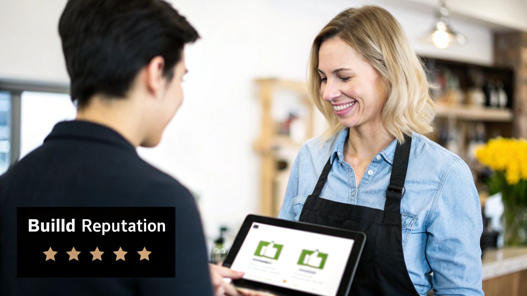 Smiling woman shows a tablet with review options to a customer, focusing on building reputation.