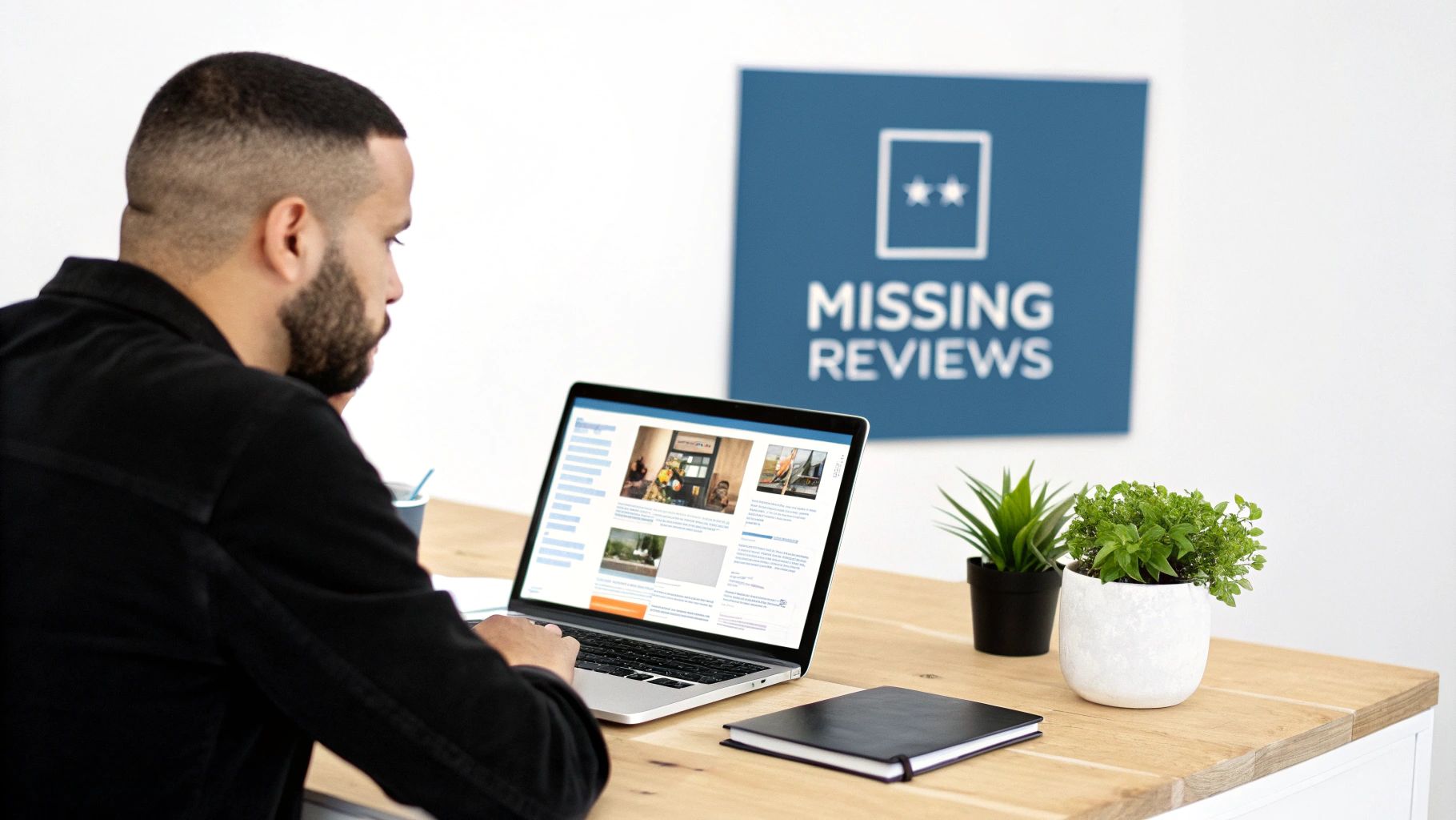 A man types on a laptop at a wooden desk, with a 'Missing Reviews' sign on the wall.
